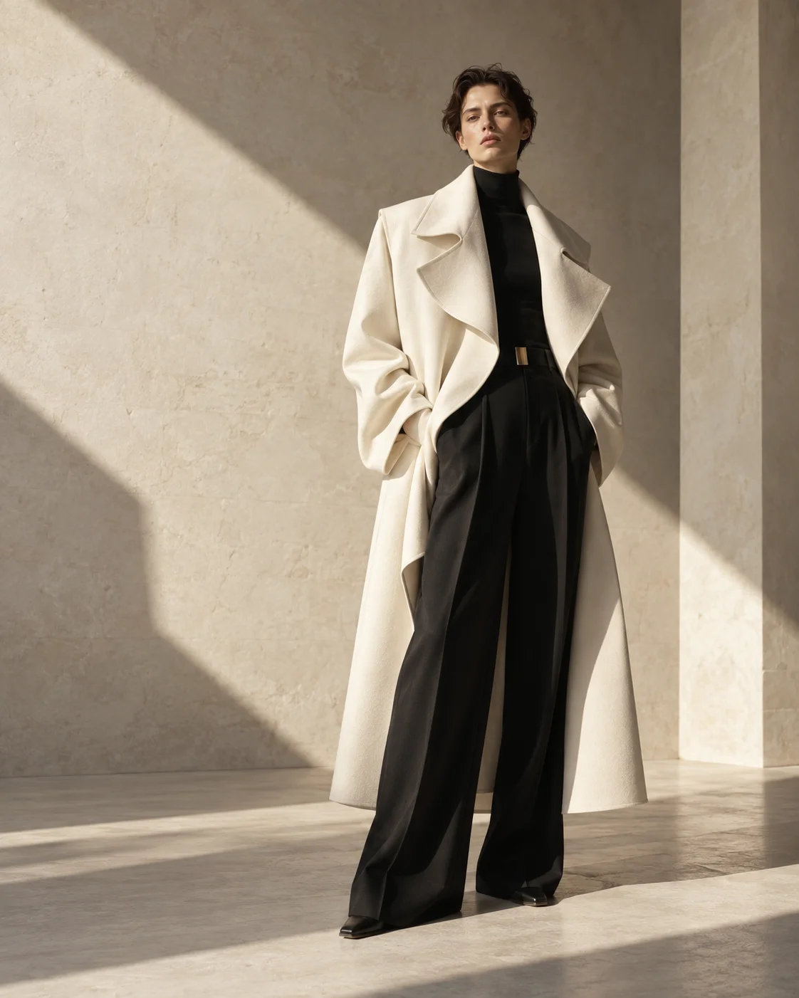 Model wearing an ivory sculptural coat in a fashion atelier